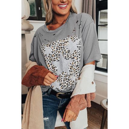 Medium Grey Stars Leopard Graphic Distressed Tee