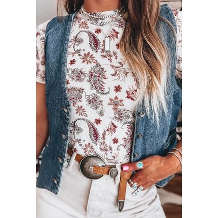 White Vintage Paisley Mock Neck T Shirt