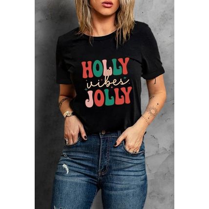 Black HOLLY JOLLY Vibes Christmas Crew Neck T Shirt