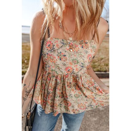 Apricot Floral Print Spaghetti Straps Ruffled Peplum Tank Top