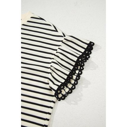 Black Stripe Eyelet Trimmed Ruffled Short Sleeve Plus Size Top