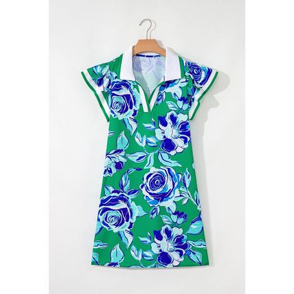 Bright Green Contrast Floral Print Collared V Neckline Ruffled Cap Sleeve Shift