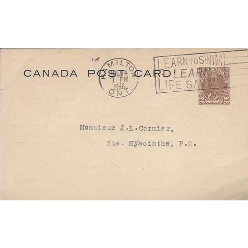 Canada #P60b Postal Card CBN USED 1936, Hamilton Swim Slogan