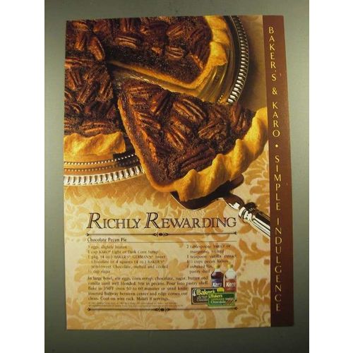 1987 Baker's Chocolate and Karo Syrup Ad - Chocolate Pecan Pie Recipe