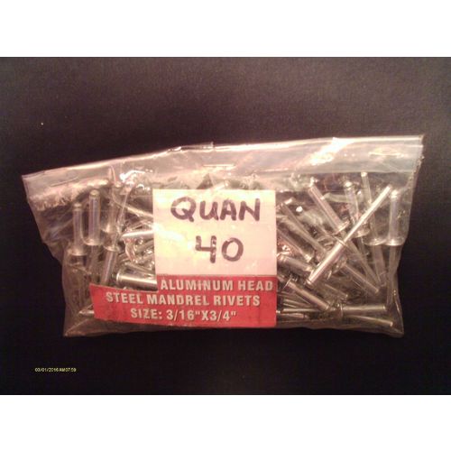 40 pieces 3/16" x 3/4" Aluminum Pop Rivets with Steel Mandrel New