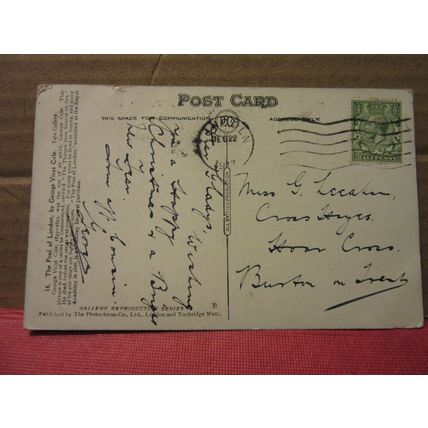 THE POOL OF LONDON by George Vicat Cole used antique christmas postcard 1917 /