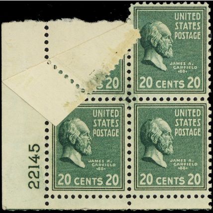 825 Var, Mint LH Double Paper With Tape Splice PL# Block of Four - Stuart Katz