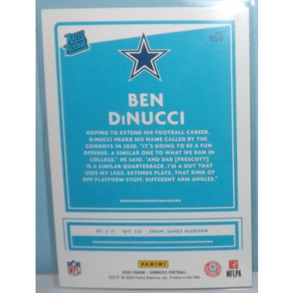 2020 Panini Donruss BEN DINUCCI (Dallas Cowboys) Rated Rookie Card #350