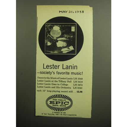1958 Epic Records Advertisement - Lester Lanin - society's favorite music