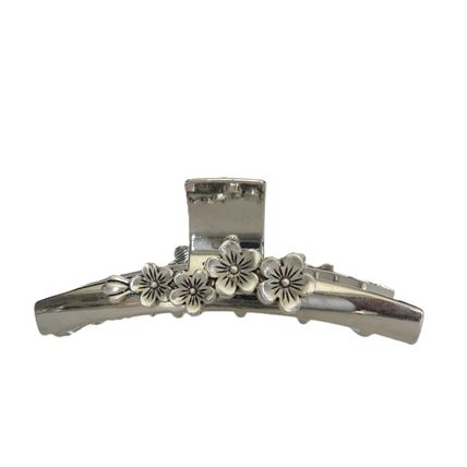 Long silver tone flower metal hair claw clip
