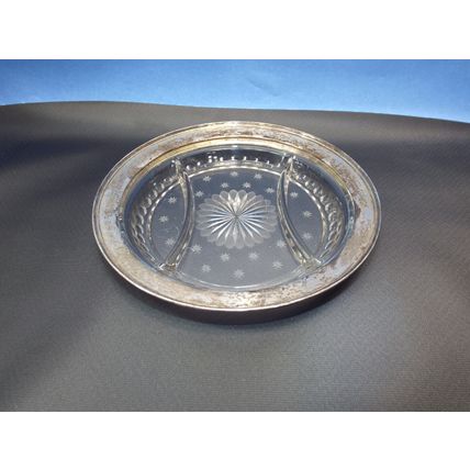Antique 1800's Vaseline Glass Silver Overlay Compote Candy Dish Relish Tray