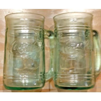 2 Vtg COCA COLA Green Indiana Glass Mugs Coke Logo Heavy Embossed Handled 5 1/2"