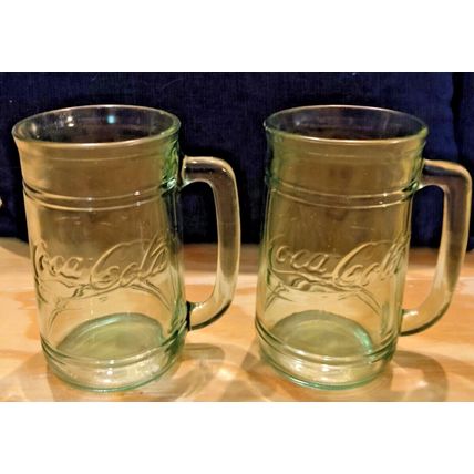 2 Vtg COCA COLA Green Indiana Glass Mugs Coke Logo Heavy Embossed Handled 5 1/2"