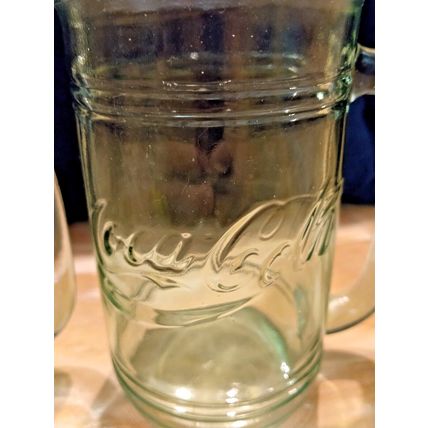 2 Vtg COCA COLA Green Indiana Glass Mugs Coke Logo Heavy Embossed Handled 5 1/2"