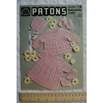 1977 Patons 1420 coat, dress, bootees, bonnet & mitts, 18 inch, 3 ply