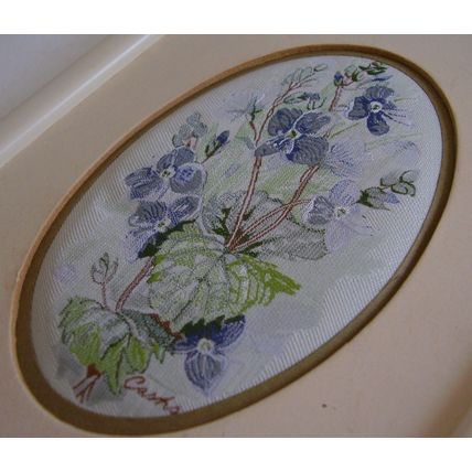 J & J Cash Silk Embroidered Framed Picture Blue Speedwell Flower Vintage Series