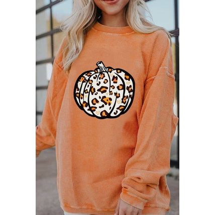 Orange Leopard Pumpkin Graphic Corded Sweatshirt