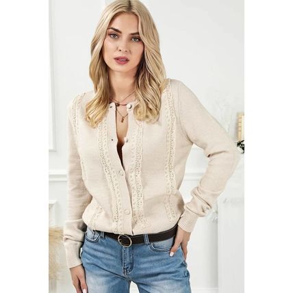 Apricot Lace Trim Ribbed Round Neck Button Up Cardigan