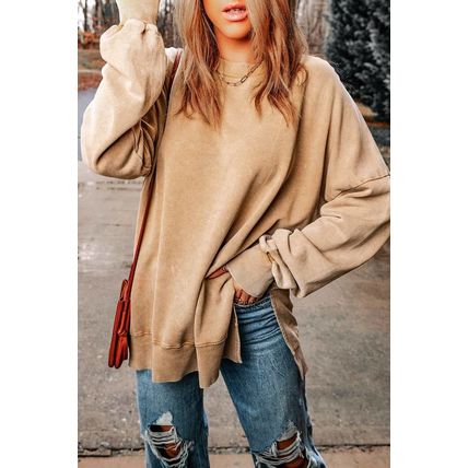 Khaki Drop Shoulder Ribbed Trim Oversized Sweatshirt
