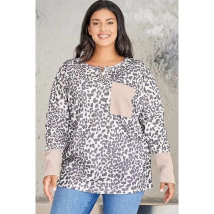 Leopard Plus Size Waffle Knit Patchwork Long Sleeve Henley Top