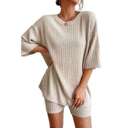 Apricot Plain Ribbed Loose Fit Two Piece Lounge Set