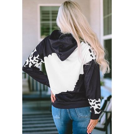 Black Cow Tie Dye Print Pocketed Drawstring Pullover Hoodie
