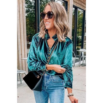 Green Frilled Neck Buttoned Front Velvet Top