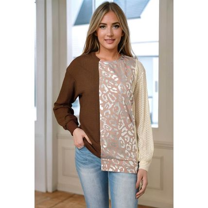 Brown Glitter Leopard Patchwork Crew Neck Long Sleeve Top