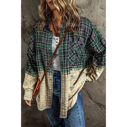 Blackish Green Contrast Plaid Patchwork Chest Pocket Button up Shacket
