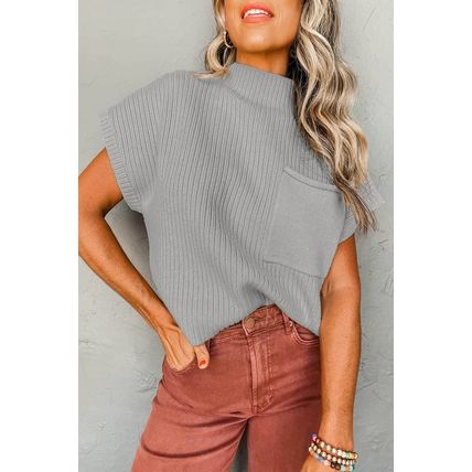 Gray Patch Pocket Ribbed Knit Short Sleeve Sweater