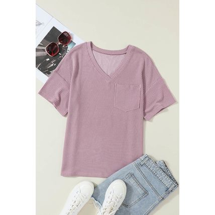 Valerian Corded V Neck Chest Pocket Loose T-shirt
