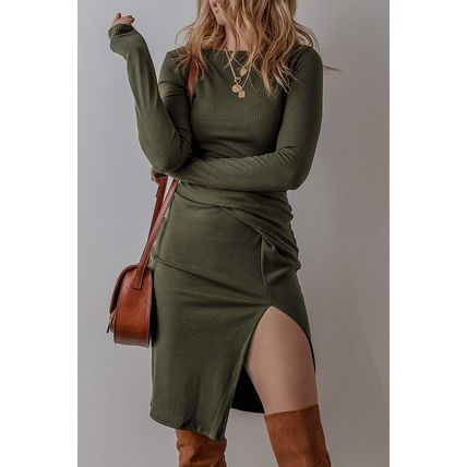 Jungle Green Ribbed Side Slit Ruched Slim Fit Long Sleeve Mini Dress