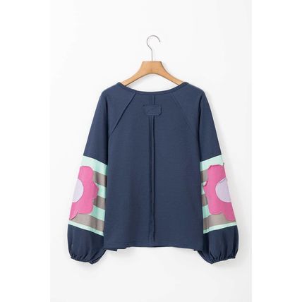 Sail Blue Flower Patchwork Raglan Sleeve Exposed Seam Oversized Top