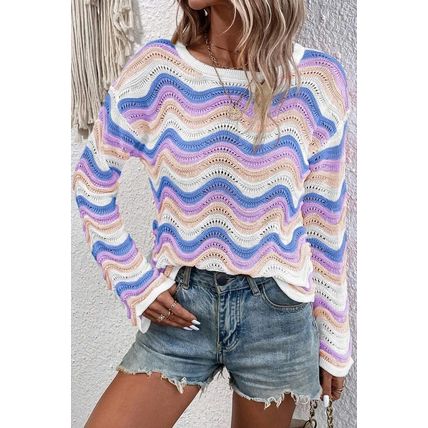 Purple Stripe Wavy Pointelle Knit Drop Shoulder Sweater