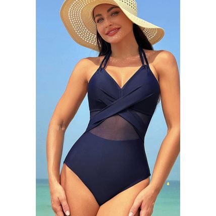 Navy Blue Halter Mesh Insert Cross Front One-Piece Swimsuit