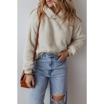 White Contrast Ribbed Edge Plush Hoodie