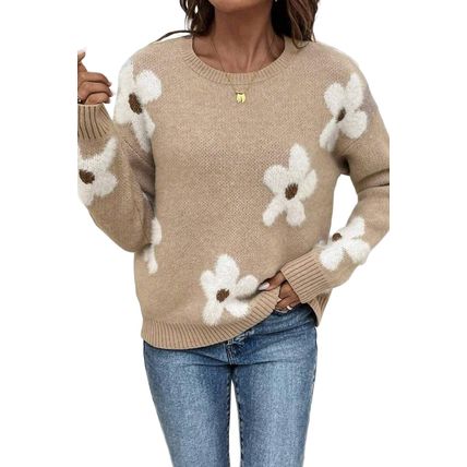 Parchment Flower Pattern Ribbed Trim Crew Neck Sweater