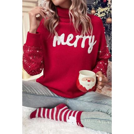 Racing Red Merry Graphic Sequin Sleeve Turtleneck Sweater