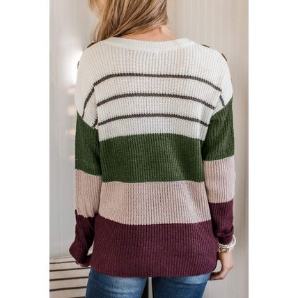 Green Color Block Striped Buttoned Shoulder Split Sweater