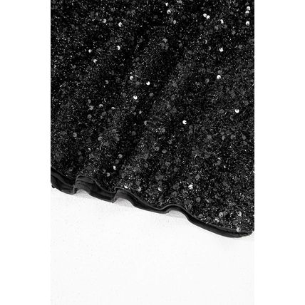 Color black Plus Size Bubble Sleeve V Neck Sequin Dress