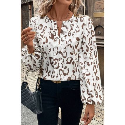 Khaki Leopard Print Split Neck Balloon Sleeve Blouse