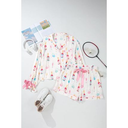White Plus Size Wine Glass Print Bow Knot Pajama Set