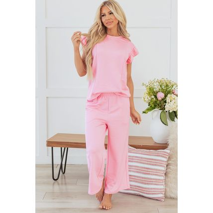 Pink Textured Pearled Ruffled Sleeve Wide Leg Pants Set