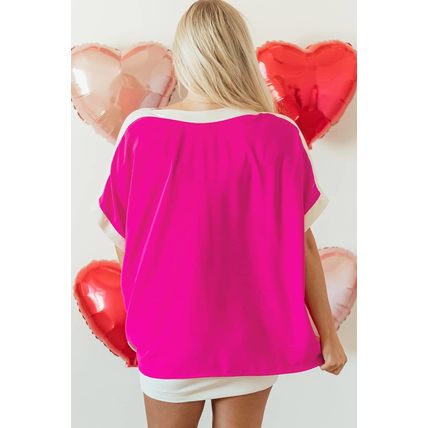 Rose Red Oversized Color Block Boat Neck Tunic Blouse