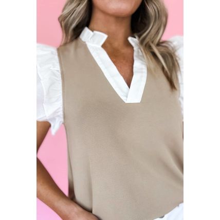 Pale Khaki Contrast V Neck Ruffled Textured Knit Top