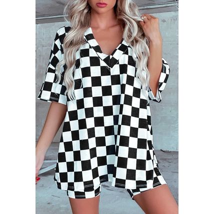 Black Checkerboard Print V Neck Loose Tee and Shorts Lounge Set