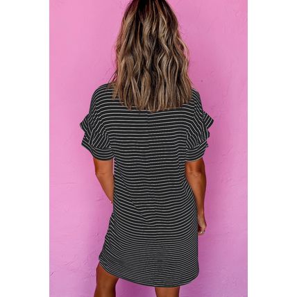 Black Stripe Ruffled Short Sleeve Crew Neck T Shirt Shift Mini Dress