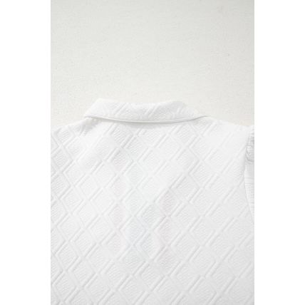 White Textured Jacquard Colorblock Edge Puff Sleeve Quarter Zip Mini Dress