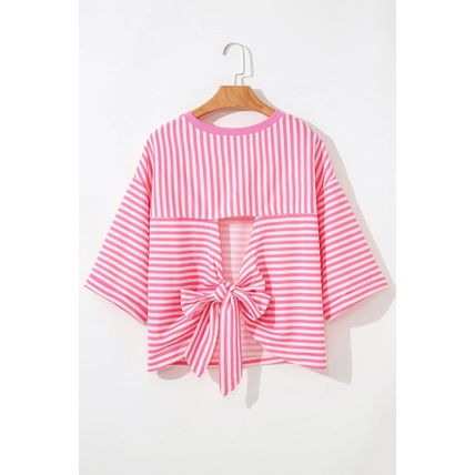 Pink Stripe Bowknot Cutout Back Drop Shoulder Wide Bracelet Sleeve Loose Tee