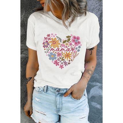 White MAMA Flower Heart Cotton Blend Graphic Tee